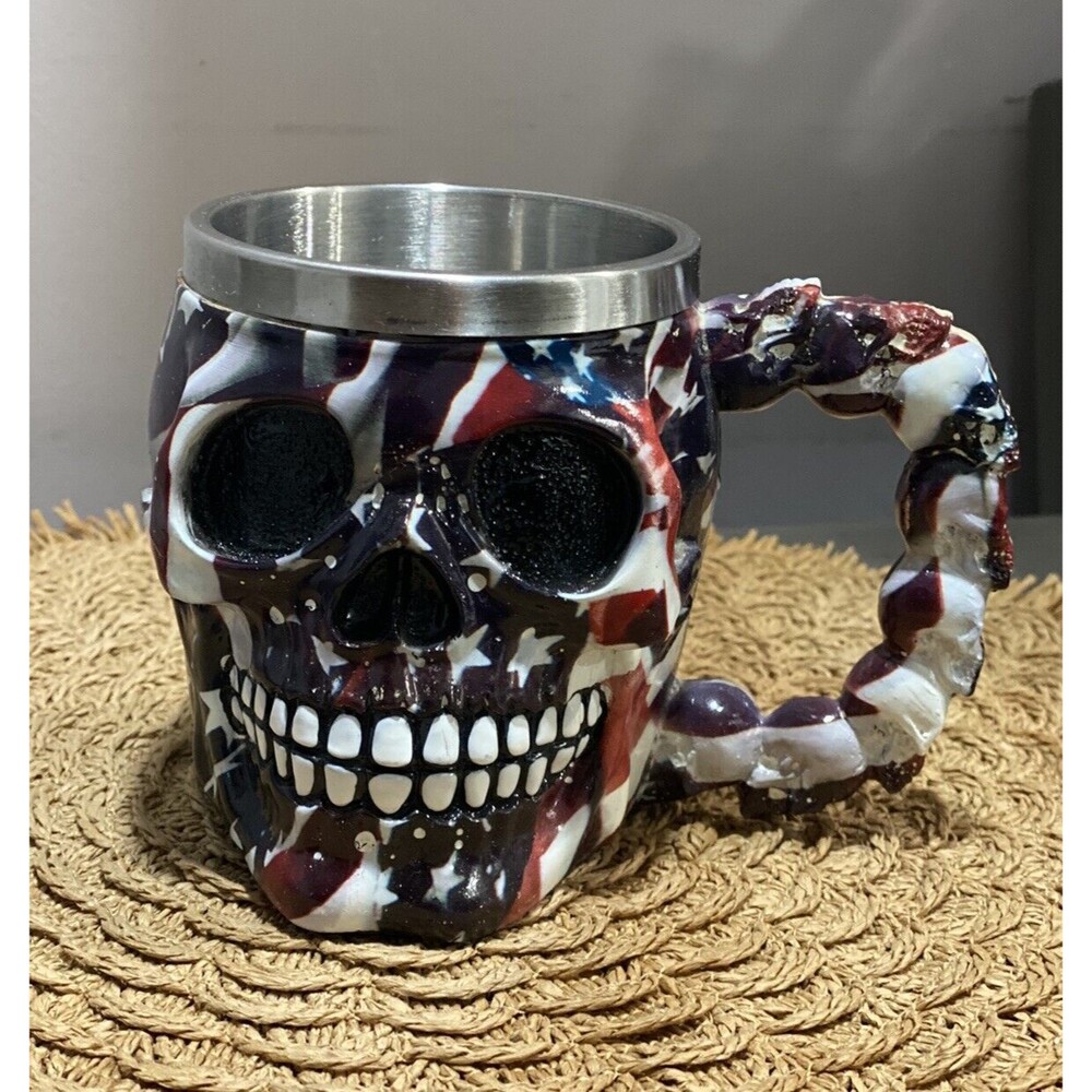 Patriotic Skull Mug Cup Stainless Steel Resin 3D Tankard USA FLAG Gothic Biker